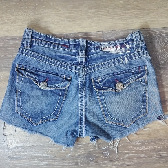MEK Blue Jean Shorts with Distressed Hem and Casual Style Silver Buttons - Picture 3 of 3
